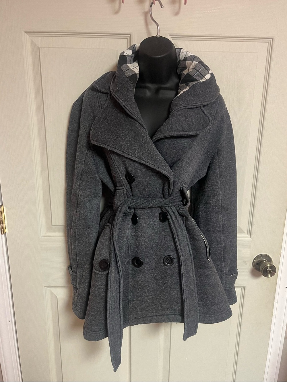 Women's Charcoal Double-Breasted Belted Pea Coat